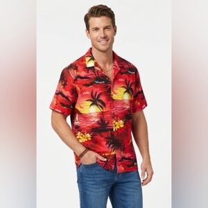 Royal Creations Men's Red Tropical Sunset Camp Shirt Size L